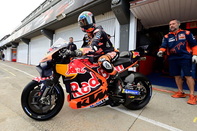 Brad Binder aboard the KTM RC16 in the pits