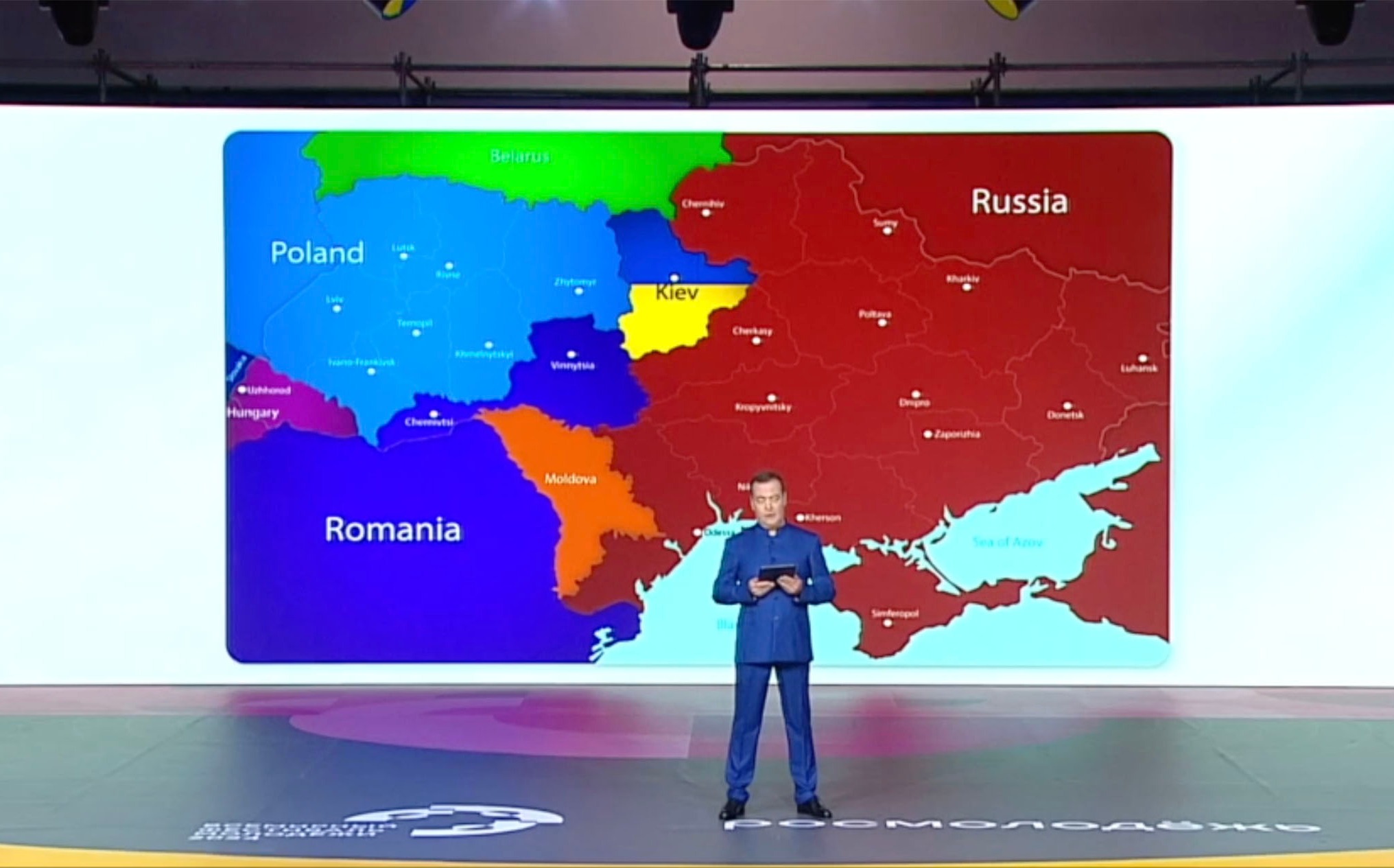 Dmitry Medvedev delivers a disturbing speech about Russia eating up Ukraine's land - with the chilling map behind him